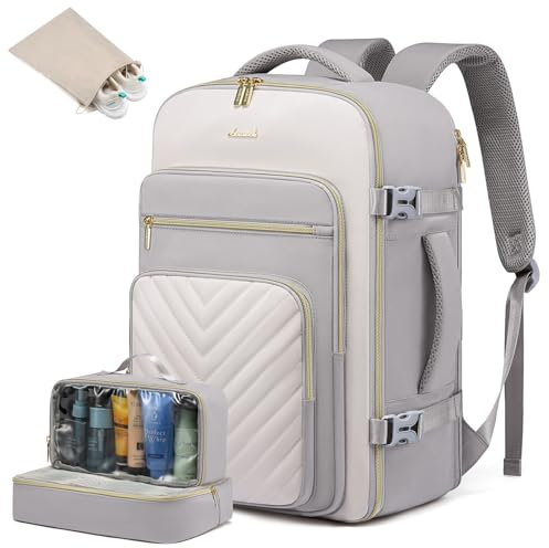 LOVEVOOK Reiserucksack Handgepäck Flugzeug, 40L Rucksack Damen Groß, Wasserdicht Laptop Rucksack 17 Zoll mit Laptopfach, Travel Backpack Handgepäck Tasche für Reise Arbeit Wandern, Hellgrau