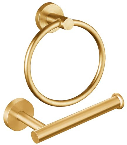 Towel Ring & Toilet Paper Holder, 2 Piece Bathroom Hardware Set, Stainless Steel SUS304, Hand Towel Hanger & Toilet Roll Holder, Sturdy Bathroom Accessories for Home or Kitchen Gold