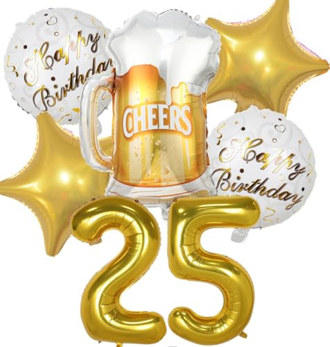 Luftballon 25. Geburtstag Mann Frau, 25 Geburtstag Deko Gold, Geburtstagsdeko 25 jahre Frauen, Ballon Bierflasche Deko zum Geburtstag Mann, Helium Ballons Bier Deko 25. Geburtstag Frau Männer