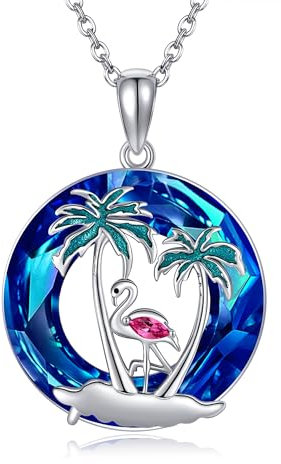 URONE Flamingo Kette 925 Silber Flamingo Kristall Anhänger Tropische Palme Halskette Flamingo Schmuck Geschenke für Damen
