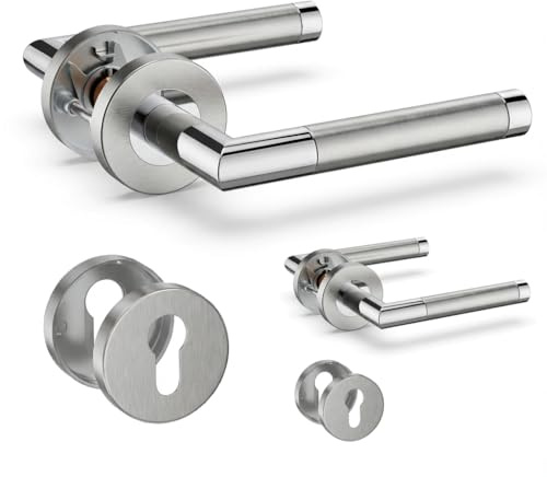 HENYIN Lot de 2 poignées de porte à levier en acier inoxydable avec écusson à trou cylindrique, poignée de serrure de porte à mortaise, bicolore (SO2-103C-D-2)