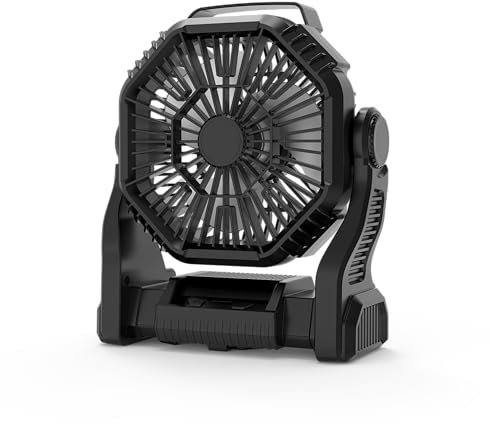 joyshie Ventilateur de Camping, Ventilateur Batterie Rechargeable 10000mAh, Ventilateur USB Silencieux avec Lumière LED et Crochet, Rotation 150°, 4 Vitesses, Ventilateur de Bureau pour Maison Camping
