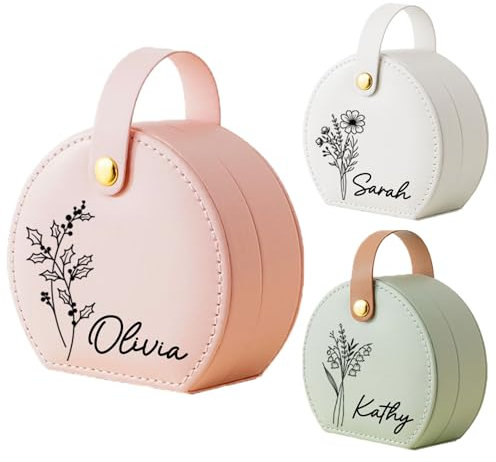 Personalisierte Schmuckschatulle, Reise-Schmuckschatulle mit Namen und Geburtsblume, Leder-Schmuckschatulle für Halsketten, Ringe, Ohrringe, Geschenke für Mutter, Frauen, Mädchen