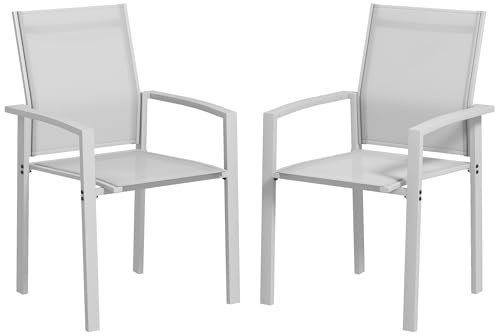 Outsunny 2er Set stapelbarer Gartenstühle mit Armlehnen, Aluminium und Texteline Wasserfeste Esszimmerstühle für draußen, für Terrasse, Balkon, Terrasse, draußen und drinnen, 56x58x89 cm, Hellgrau
