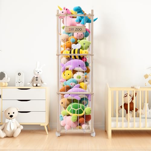 Ovshnrr Stuffed Animal Storage, 138 * 41 * 41CM Solid Wood Soft Toy Storage with 360°Lockable Swivel Casters, Plush Toy Chest for Baby Rooms, Living rooms, Bedrooms, Kids Room Furniture