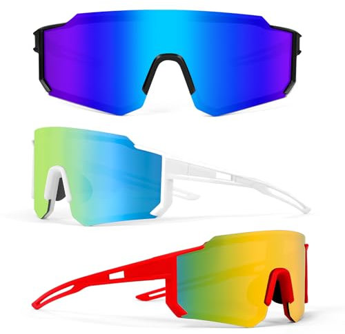Uwelliky Sport Sonnenbrille Herren Damen 3 Stück, Fahrradbrille UV400 Schutz, Polarisiert Radbrille, Fahrradbrille Winddicht für Rennrad MTB Laufen Fahren Outdoor Aktivitäten