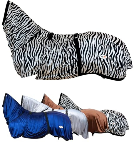 RL24 - Ekzemerdecke mit Halsteil & Bauchlatz – Fliegendecke z. Schutz vor Insekten – feinmaschiges Gewebe, doppelter Frontverschluss & Beinschnüre – Pferdedecke in Schwarz/Weiß – 125cm