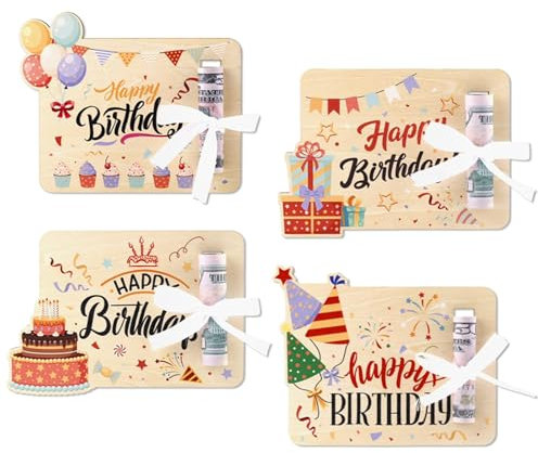 FOSDICK 4 Stück Geldgeschenke Geburtstag, Geldgeschenk Holz, Geld Geschenke Geburtstag, Lustige Geld Geschenk, Geburtstagskarte Geldgeschenk Holz, Ideen für Geldgeschenke, Ballons Kuchen Motive