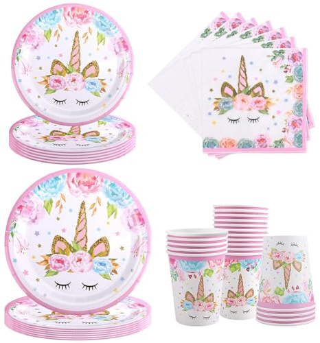 LGWJHCY Stoviglie a tema unicorno, 64 pezzi, set per feste di compleanno con unicorno, piatti di carta, bicchieri, tovaglioli, decorazioni per feste di compleanno per bambini, 16 ospiti