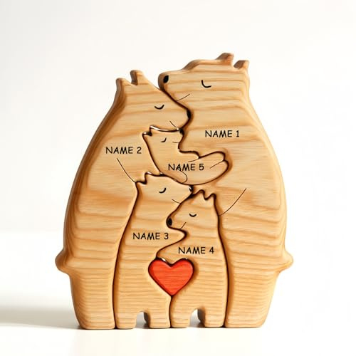 Drawelry Personalisierte Bär Statue Holzpuzzle mit 2-9 Namen Gravur Dekoration Holz Handwerk Bären Familien Skulptur Puzzle Deko Ornament Weihnachte Geburtstag Geschenk für Familie Freunde Paare (A7)