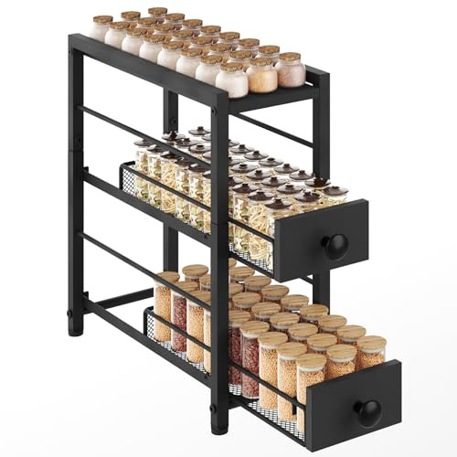 YATINEY Gewürzregal mit 3 Ebenen, Küchengewürzregal, Gewürz-Organizer, ausziehbare Schubladen, für Sirup, Gewürz, Kaffeekapseln, für Küchentheke, Esstisch, Schminktisch, Schwarz XSR02BB