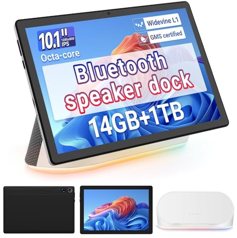 Whitedeer Tablet, Dock Altoparlante, Tablet Android Octa-Core, Ricarica Wireless, 14GB RAM+64GB ROM+1TB Memoria Espandibile, 1280×800P, 5MP+8MP, 5000mAh