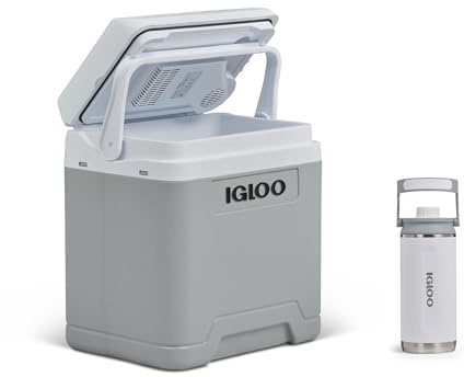IGLOO IE27 AC/DC elektrische Kühlbox, 27l, Mini-Kühlschrank 12/230 V für Auto, Boot, Freizeit, grau & Thermoflasche Chug 36, Kohlensäure geeignet, weiß, Trinkflasche,1000 ml für Freizeit, Büro, Arbeit