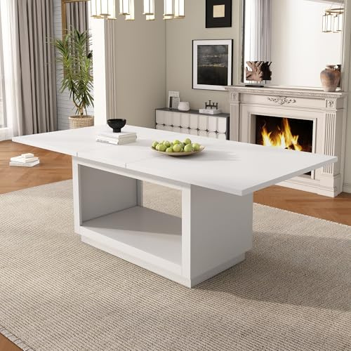 Merax Table à Manger Extensible Blanche 140-180x70 cm, Table carrée Moderne en MDF avec Espace de Rangement