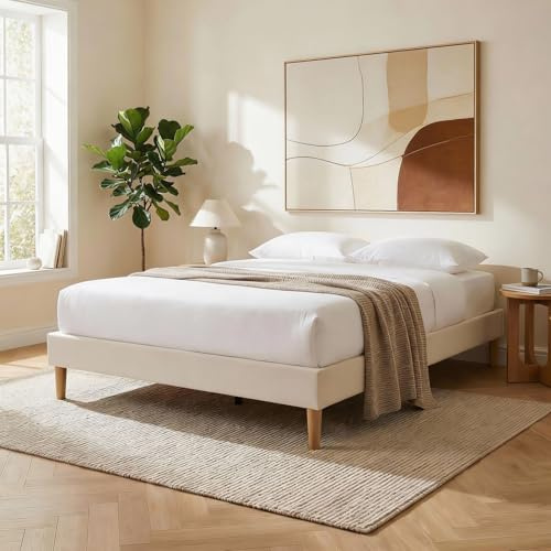 IDIMEX Sommier tapissier QUIMPER 140 x 190 cm Structure en Bois et revêtement en Tissu Blanc crème, Cadre de lit avec Pieds et sommier à Lattes déhoussable pour 2 Personnes