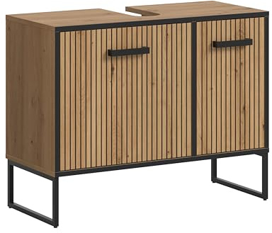 xonox.home – Waschbeckenunterschrank Bagno 80x63x36 cm in Artisan Oak Nachbildung – Unterschrank mit 2 Türen, 4 Fächern & Siphonausschnitt – Viel Platz unter dem Becken, robust & modern gestaltet