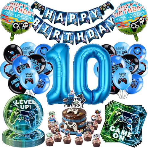 Ezydka Gaming Geburtstagsdeko Set Gamer Deko Geburtstag Junge Party Deko | Videospiel Gaming Birthday Decorations mit Banner Luftballons Partygeschirr Servietten Tortendeko für Thema Geburtstag(10)
