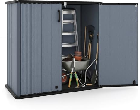 COSTWAY Gartenschrank, Aufbewahrungsbox wetterfest aus Kunststoff (Grau) | Geräteschuppen mit abschließbarer Doppeltür, Geräteschrank, Outdoor Gartenschuppen für Garten & Terrasse, 120 x 65 x 117 cm