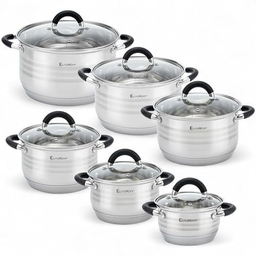 EliteHoff Topfset Induktion 12-teilig, Kochtopf Set mit Glasdeckeln und Silikongriffen, 7-lagiger Edelstahl Topf Set Induktionsgeeignet, Kochgeschirr Set für alle Herdarten, Silver/Schwarz (E-4027)