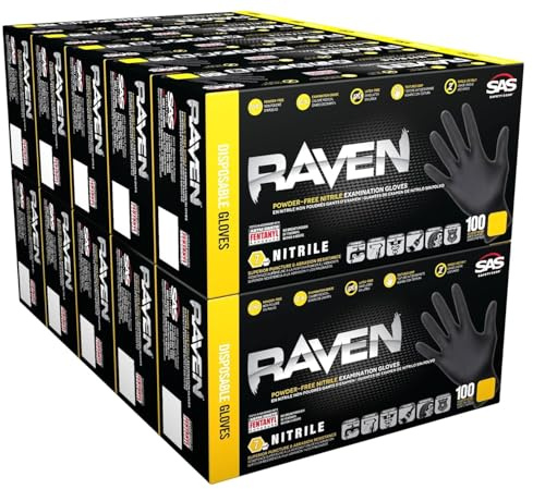 SAS Safety 66518 Raven 6 mil Black Nitrile Disposable Gloves - Large - 10 Pack(100 Gloves per Box)