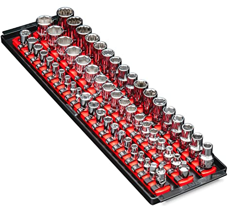 Ernst Manufacturing 18-Inch Red Socket Boss - 3-Rail Premium Multi-Drive (1/4, 3/8, 1/2) Socket Organizers with Twist Lock Clips, 57 SAE/Metric Tool Holder - Red