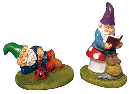 SET OF 2 FAIRY GARDEN MINIATURE LAZY GNOMES ONE IS SNOOZING THE OTHER READING