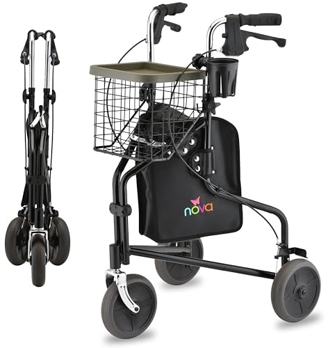 NOVA Traveler 3 Wheel Rollator Walker, All Terrain 8” Wheels, Includes Bag, Basket and Tray, Black