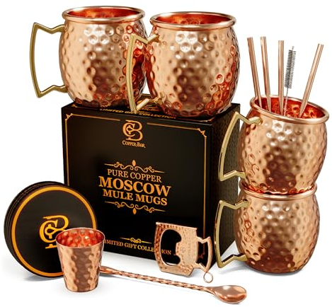 Copper-Bar Moscow Mule Copper Mugs | Set of 4 Hammered Cups | 100% HANDCRAFTED Pure Solid Copper | Gift Set With Cocktail Straws | Shot Glass | Coasters | Copper Stirrer & Beer opener (Black)