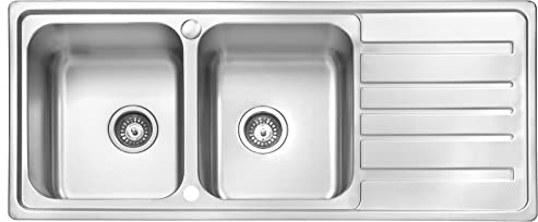 JASSFERRY Large Kitchen Sink Stainless Steel Matt Finish Inset Double Bowl Reversible Drainer with UK Standard Waste Pipe Kit Strainer Plug 1160 x 500 mm