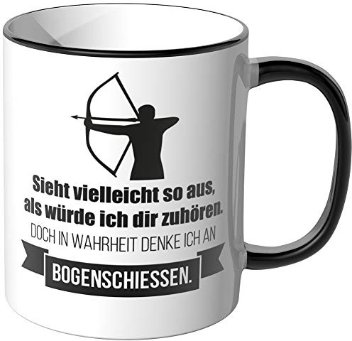 JUNIWORDS Tasse - Ich denke an Bogenschießen - Wähle Motiv & Farbe - Schwarz