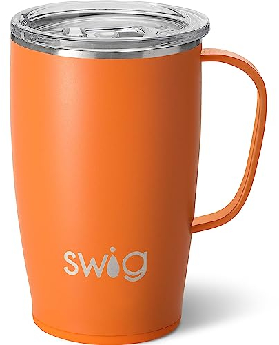 Swig Life 18oz Travel Mug, Insulated Tumbler with Handle and Lid, Cup Holder Friendly, Dishwasher Safe, Stainless Steel, Travel Coffee Cup (Orange)
