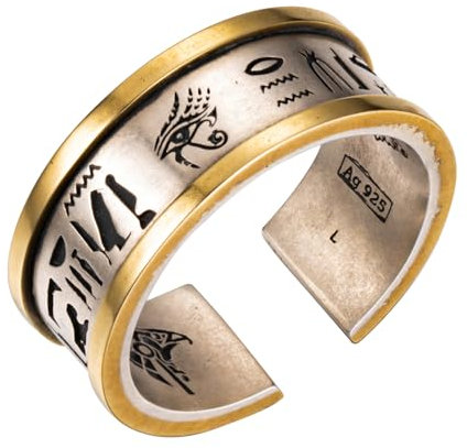 ForFox Zweifarbig 925 Sterling Silber Auge des Horus Ring mit Hieroglyphen Ägyptischer Schmuck für Herren Damen Offen und Verstellbar 7mm Größe L