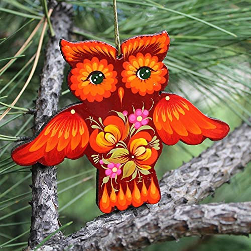 Vögel Christbaumschmuck Eule aus Holz Ukrainische Volkskunst für Weihnachtsbaum, Originelle Weihnachtsdekoration von Handarbeit - Petykiwka-Malerei.
