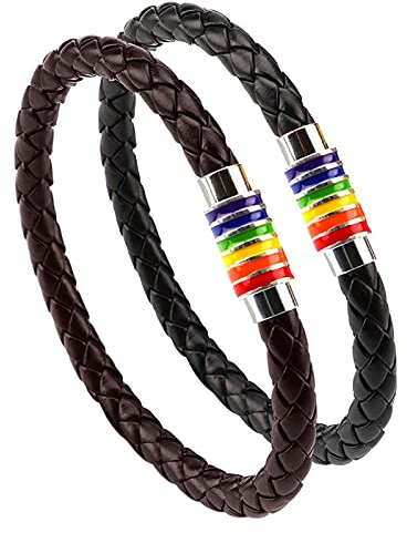 PHOGARY Gay Pride Armband Regenbogenarmband (2stk, schwarz, braun) Lederarmband für Paare, Herren, Damen, LGBT-Armreif mit Regenbogenstreifen aus Edelstahl mit Magnetverschluss, Edelstahl Kunstleder
