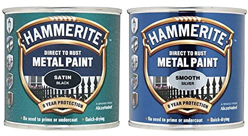 Hammerite 5084904 Metal Paint: Satin Black 250ml & Direct to Rust Metal Paint - Smooth Silver Finish 250ML