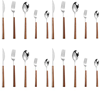 Juego de cubiertos de cocina de acero inoxidable 18/8, diseño de mango único, incluye cuchillo/tenedor/cuchara (textura de madera con caja de regalo (juego de 20 piezas, plata))