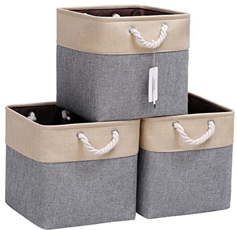 CREADARD Fabric Cube Storage Box Set of 3, 13x13x13 inch Foldable Linen Cube Storage Basket for Nursery and Home, Collapsible Canvas Shelf Basket for Wardrobe or Bedroom, Grey and Beige