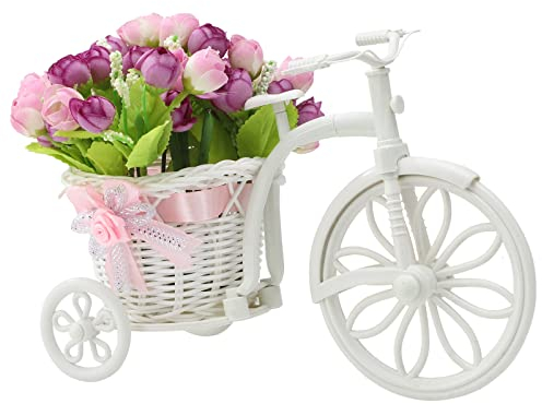 HELTER Mini Fahrrad Blumenkorb mit lila Rose und grünen Blättern, künstliche lila Rose Blume mit Garten Nostalgie Fahrrad für Zuhause Hochzeit Dekor