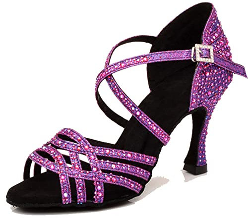 LITNERMIA Donne Peep Toe Borchiati Strass Festa di Nozze Sandali Tango Latino Scarpe da Ballo,B Viola Glitterato 9cm Tacco,38 EU
