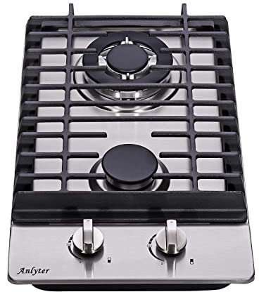 Anlyter - 12 Inch Gas Stove, 2 Integrated Gas Burners, Stainless Steel Gas Cooker, GLP/NG Gas Cooker, Convertible Double Fuel, Fuel Seal