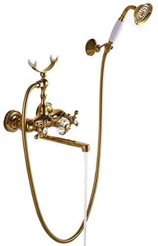 Goldener Blauer Und Weißer Porzellan-Badewannenhahn Antik-Kupfer Vertikaler Badewannenhahn Duschset Wand-Badewannenarmatur,B1,Messing