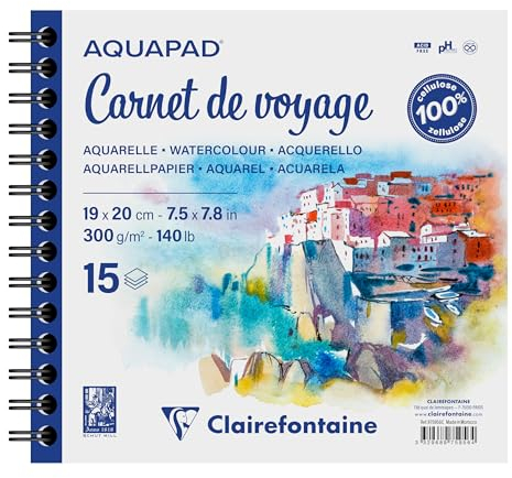 Clairefontaine 975956C - Skizzenbuch Aquapad 19x20cm, spiralgebunden mit 15 Bogen 300g, ideal für unterwegs, 1 Stück, mehrfarbig