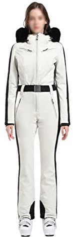 Frauen Onesie Ski Overall, Frauen Winter Verdickung Warme Kapuze Atmungsaktive Onesie Ski Anzüge, Lässige abnehmbare Kapuze Schneeanzug, zum Skifahren, Klettern, Eislaufen ( Color : Off white , Size :