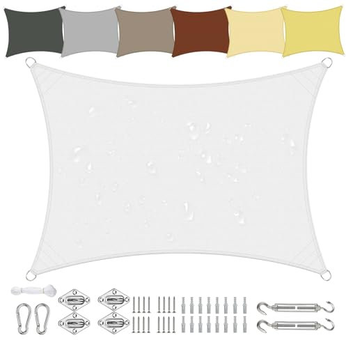 Sichtschutz Sonnensegel Wasserdicht Rechteckig 3x4m aus PES-Polyester 95% UV-Schutz Witterungsbeständig Reißfest in Vielen Größen und Farben mit Befestigungsset für Terrasse Garten Balkon-Weiß