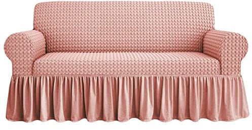 Copridivano Voila' Tessuto Bolle 2 3 4 Posti Elasticizzato Volant Salva Divano (Rosa, 3 posti)