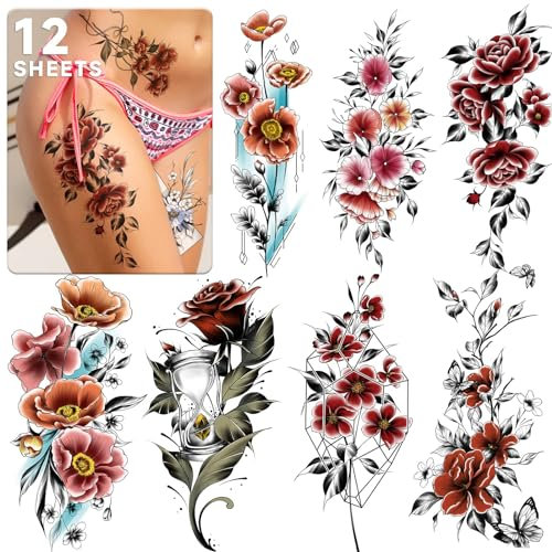 Halber Arm Bunte Rose Gefälschte Tattoos,12 Blätter große temporäre Tattoos für Frauen, Hand Tattoo Aufkleber und temporäre Tattoo Ärmel für Erwachsene Mädchen Hals Arm