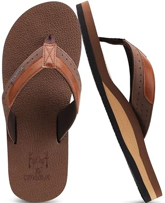 KuaiLu Leather Flip Flops Men Support Thong Sandals Shower Khaki Brown 14