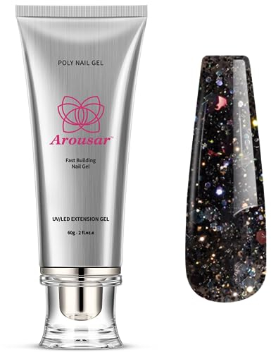 Arousar Glänzend Schwarz Poly Nagel Gel 60ML, Builder Gel Nagelverlängerung Nagelstärkung, UV/LED Nagellack für Techniker Starter DIY Salon Kunst Nägel Professionelle Maniküre Reparatur