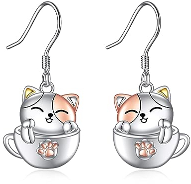 Katze Ohrringe für Damen Mädchen 925 Sterling Silber Tassen Hängend Ohrhänger Katzen Schmuck Geschenk