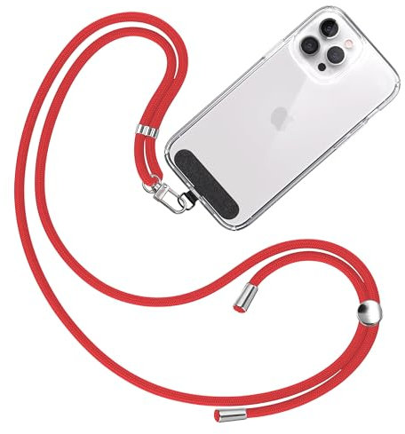TBOC Cordon Telephone Portable [Rouge] avec Patch de Fixation en Tissu [Noir] Chaine Telephone Portable Ajustable et Résistant Compatible avec Toutes les Marques de Téléphones Mode Homme et Femme